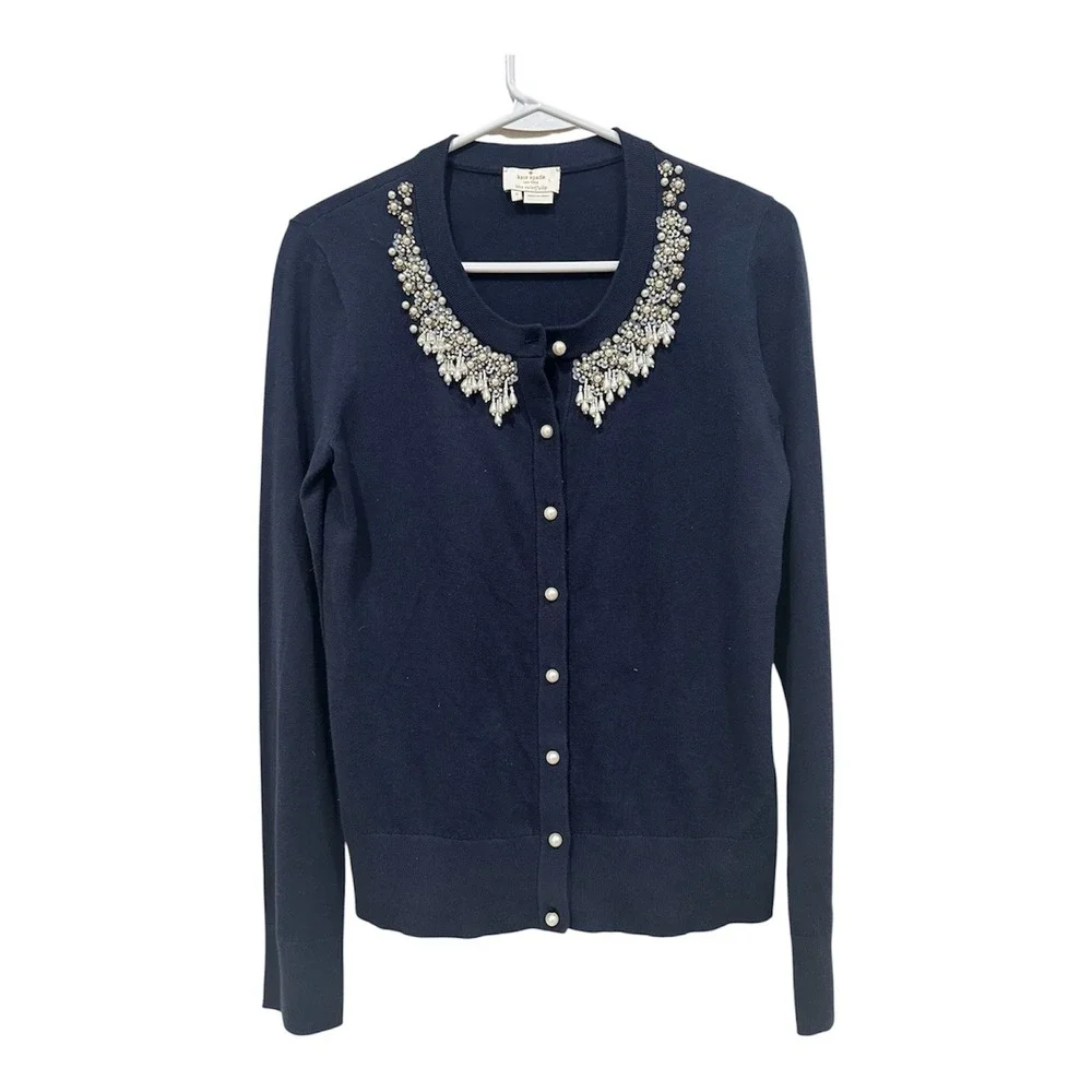 Kate Spade Navy Blue Cotton Cashmere Pearl Embellished Cardigan Sweater Small
